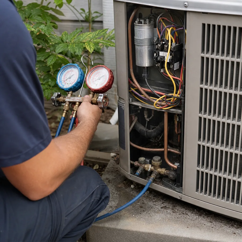 HVAC technician performing professional air conditioning installation and maintenance