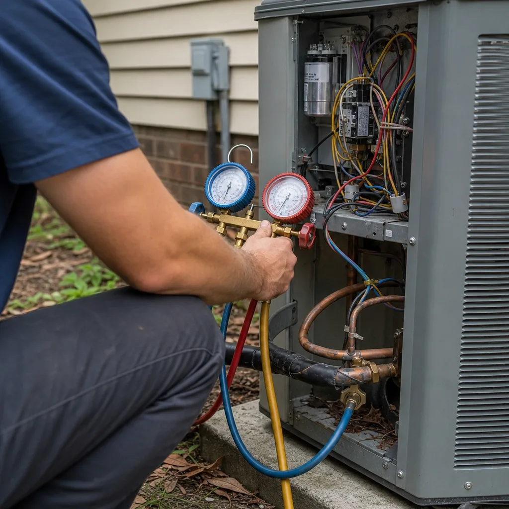 HVAC technician performing an air conditioner inspection with manifold gauges