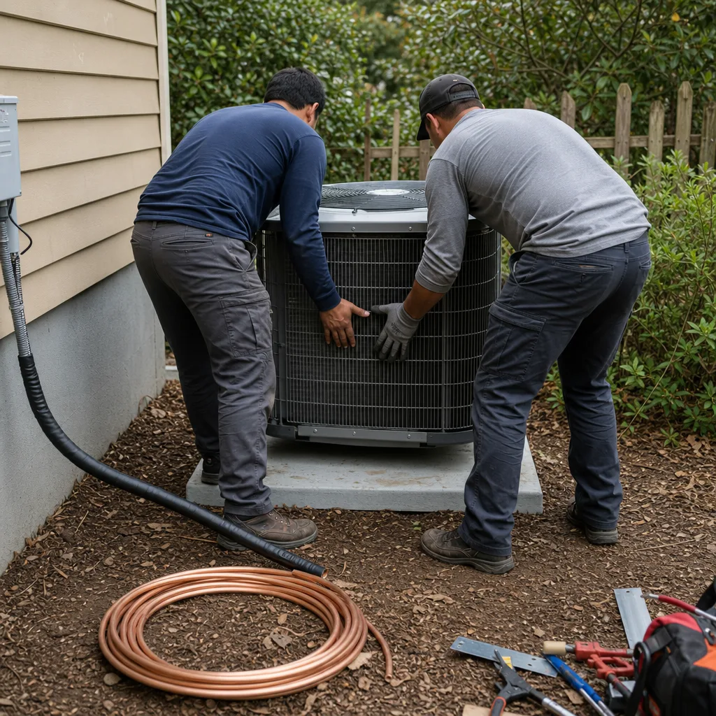 Two HVAC technicians installing an outdoor air conditioning unit