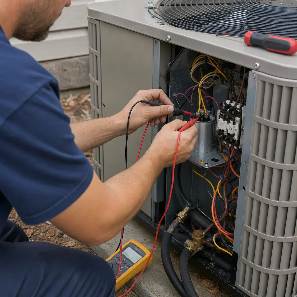 HVAC technician testing an air conditioner capacitor with a multimeter