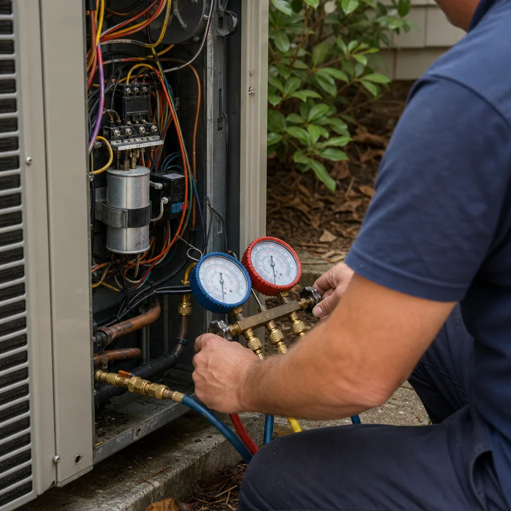 HVAC technician performing AC repair using a manifold pressure gauge