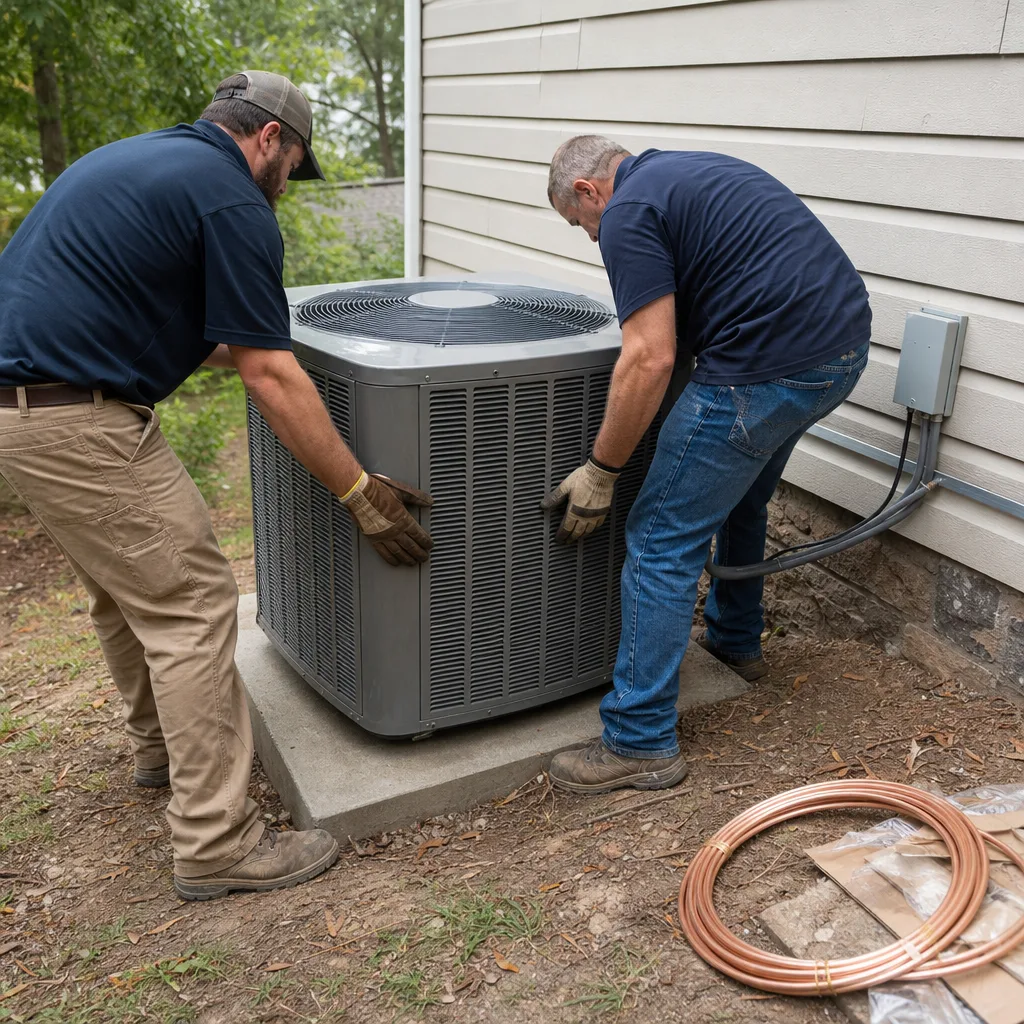 Two HVAC technicians installing an outdoor air conditioning unit.