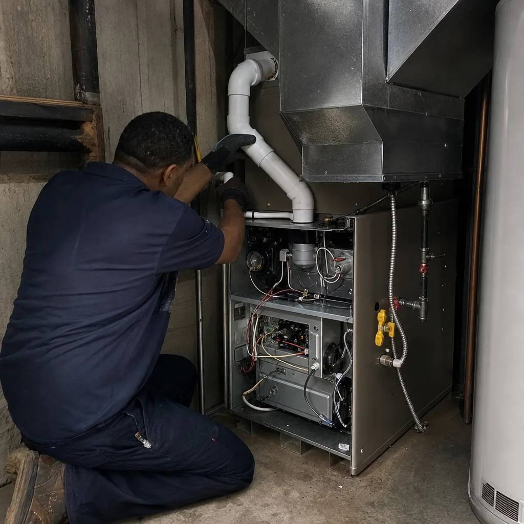 Technician performing professional furnace repair and heating system maintenance