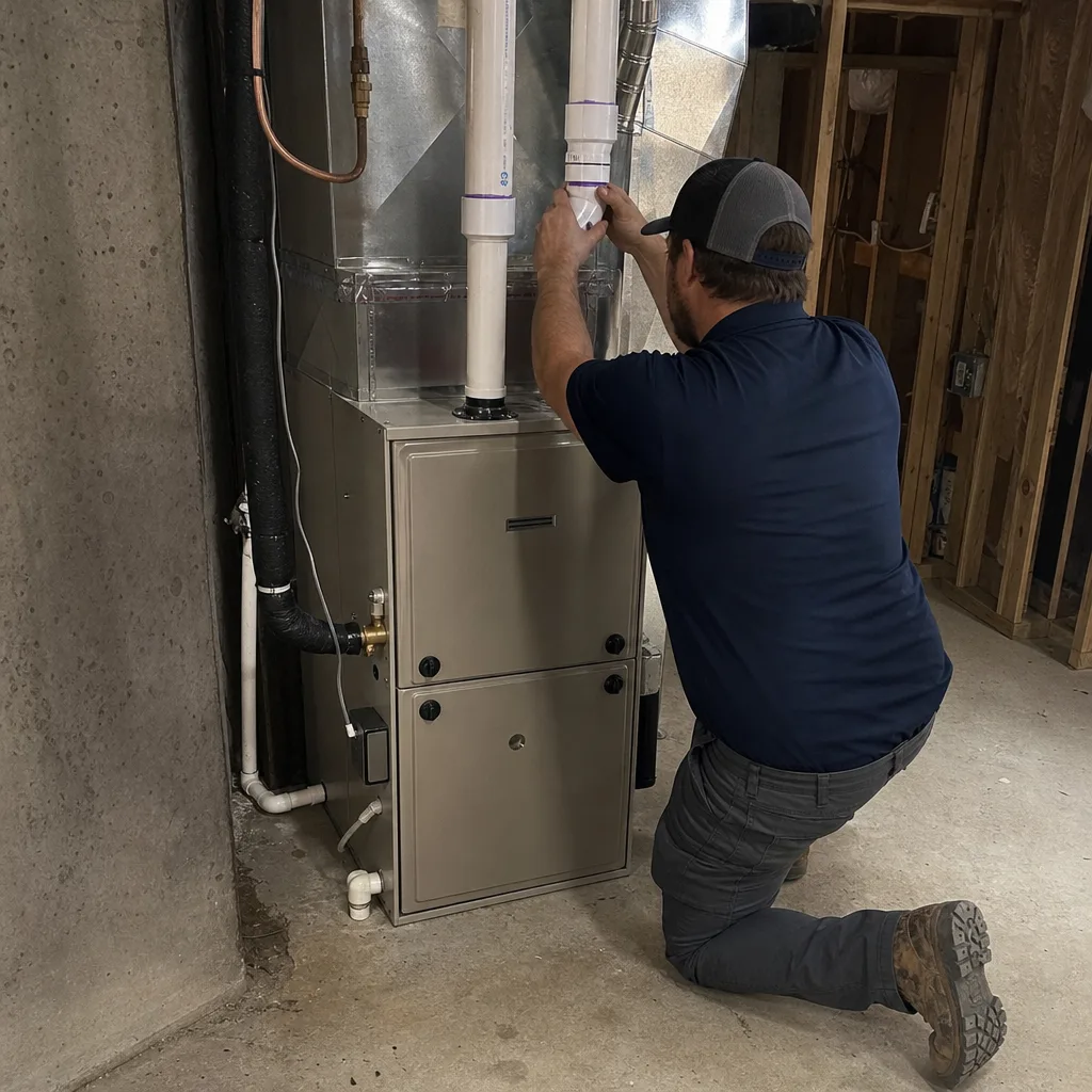 HVAC technician performing professional furnace repair and maintenance on home heating system