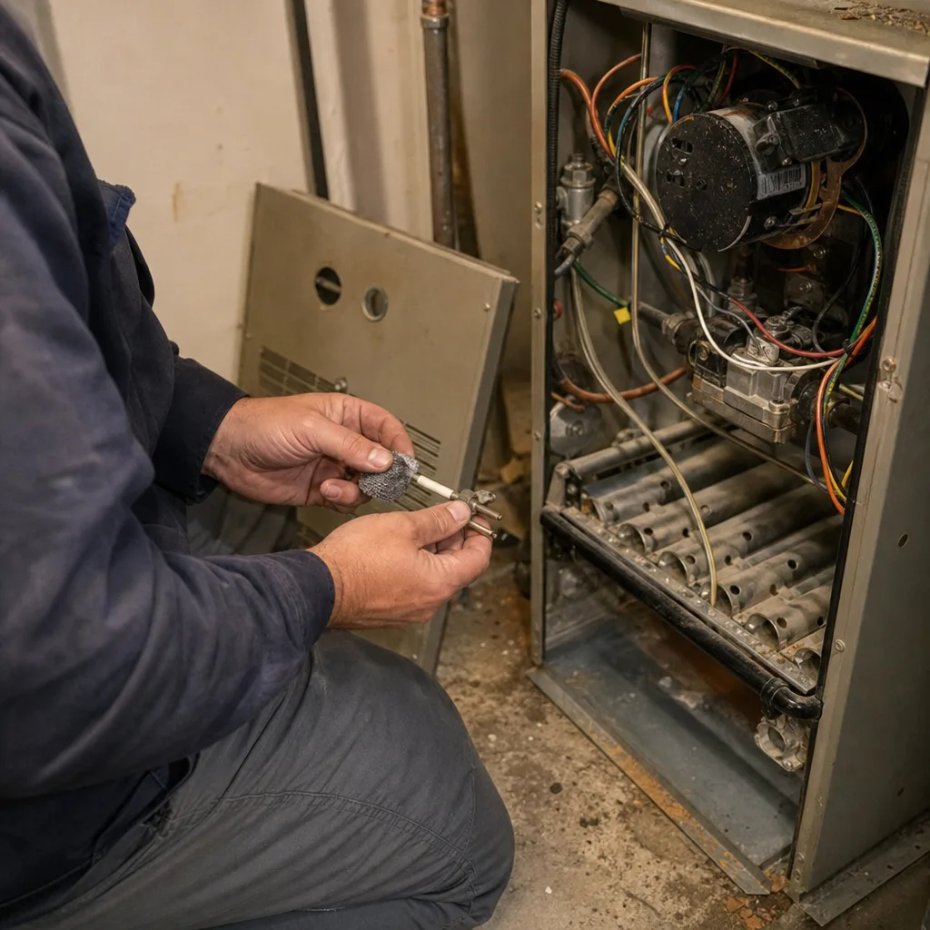 HVAC technician performing furnace repair and inspection on heating equipment.